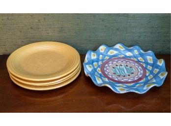 Three Yellow Fiestaware Plates And Hand Painted Ceramic Platter W Scalloped Edge