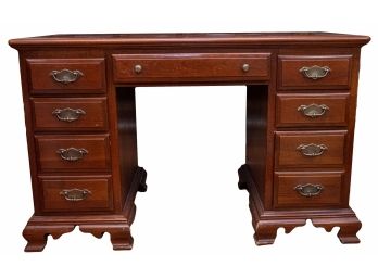 Vintage Georgian Style Knee Hole Desk With Brass Tone Drawer Pulls And Dovetail Jointed Drawers