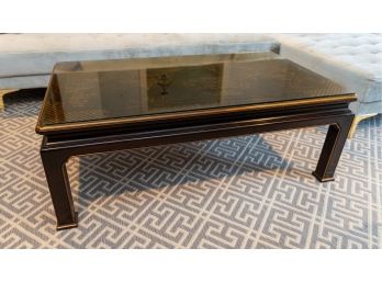 Antique Black Lacquer And Gilt Chinoiserie Coffee Table W Glass Top