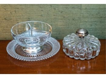 Cut Glass Tray, 3- Section Server And Lidded Trinket Dish