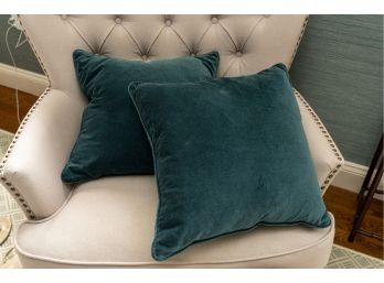 Teal Blue Velvet Accent Pillows With Welted Trim -  A Pair