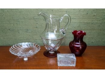 Cut Crystal Lidded Keepsake Box, Wave Patterned Glass Trinket Dish On Three Footed Base, Cranberry Vase W Ruff