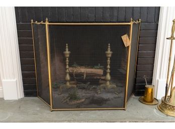 Vintage Three Panel Brass Tone Metal Fireplace Screen W Finial Accents