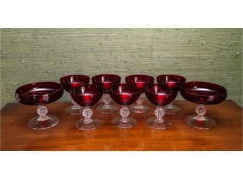 Vintage Ruby Red Glass Coupes And Cocktail Glasses W Clear Cut Glass Stems - 9 Count