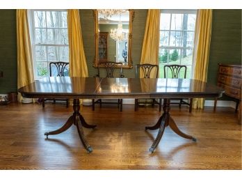 Double Pedestal Mahogany And Inlaid Dining Table W  Two 21- Inch Leaves - Purchased In Bahrain