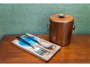 Vintage MCM Wood And Brass Ice Bucket, Silver Plate Serving Utensils, And Cheese & Cracker Tray