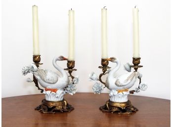 A Pair Of Antique Bronze And Ceramic Swan Candlesticks