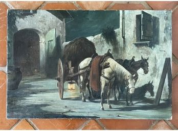 A Vintage Unframed Oil On Canvas, European Village Scene