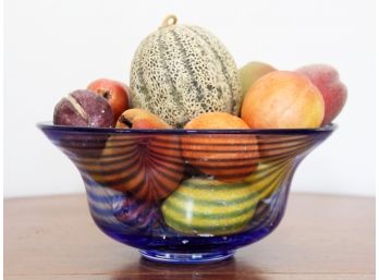 An Art Glass Fruit Bowl And Faux Stone Fruit