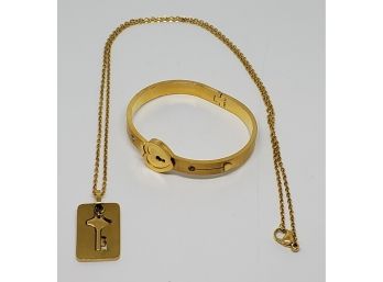 Austrian Crystal Lock & Key Bangle Bracelet & Pendant Necklace In Plated Yellow Gold Stainless Steel