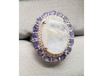 Rainbow Moonstone With Tanzanite & White Zircon, Rhodium Over Sterling  Ring