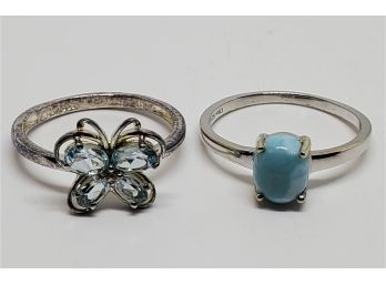 Pair Of Sterling Silver Rings- Blue Topaz & Larimar