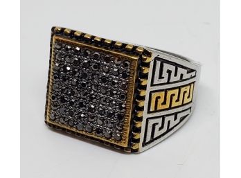 Grey Austrian Crystal Men's Ring In Plated Yellow Gold & Stainless