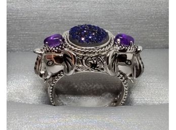 Sajen Silver Blue Drusy Quartz, Amethyst Elephant Ring In Platinum Over Sterling