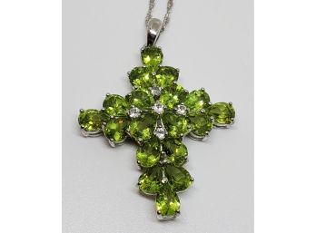 Stunning Manchurian Peridot, White Topaz, Rhodium Over Sterling Pendant Necklace