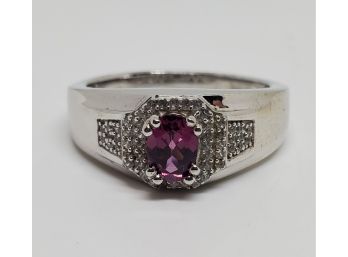 Wine Garnet, Natural White Zircon Men's Ring In Platinum Over Sterling