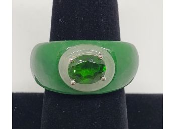 Burmese Green & White Jade, Russian Diopside Ring In Sterling