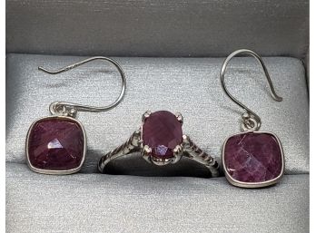 Beautiful Ruby Ring & Earrings Matching Set In Sterling