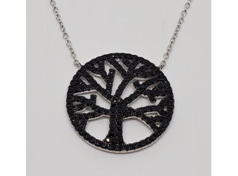 Black Spinel Rhodium Over Sterling Tree Of Life Pendant Necklace