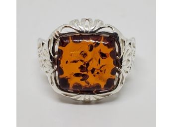 Orange Cognac Amber Sterling Silver Ring