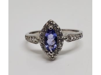 Gorgeous Tanzanite & White Zircon Ring In Platinum Over Sterling