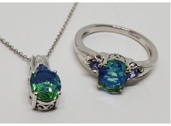 Spectacular Peacock Quartz & Tanzanite Ring & Pendant Necklace In Platinum Over Sterling