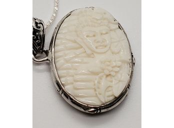 Bali Goddess Carved Bone Reversible Buddha Pendant Necklace In Sterling