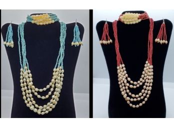 2 Sets Of Faux Pearl Beaded Necklace, Earrings & Bracelets