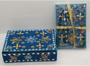 Handcrafted Blue Jeweled Box With Matching Diary & Pen Set