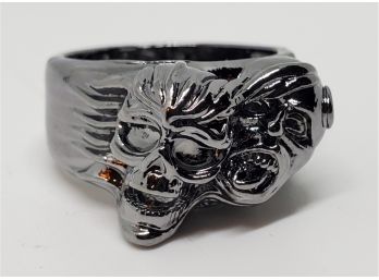 Skull And Demon Face Ring In A Silver & Black Tone