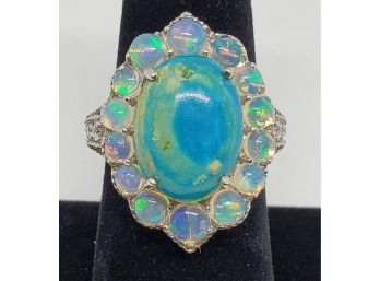 Amazing Peruvian Opalina, Ethiopian Opal Flower Ring In Platinum Over Sterling