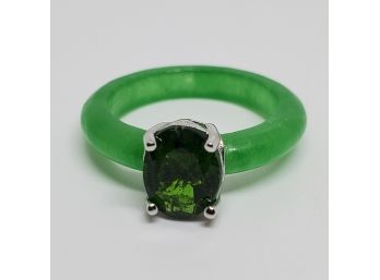 Russian Diopside, Burmese Green Jade Band Ring In Sterling