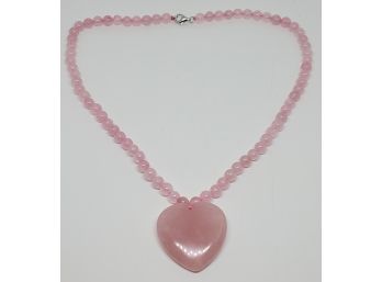 Heavy Rose Quartz Beaded Necklace With Heart Pendant