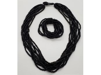 Jet Black Seed Bead Multi Strand Necklace & Stretch Bracelet