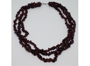 Triple Strand Of Garnet Chips Necklace In Sterling