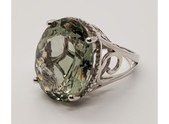 Huge Green Prasiolite, Rhodium Over Sterling Ring