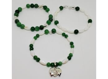 3 Coil Bracelets Made Of Jade, Mother Of Pearl, & Sterling