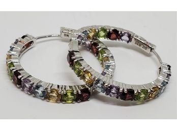 Amethyst, Blue Topaz, Citrine, Red Garnet & Peridot Sterling Inside Outside Hoop Earrings