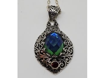 Bali Peacock Quartz & Ruby Pendant Necklace In Sterling