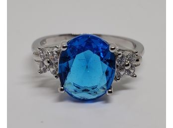 Faux Aqua Quartz & Diamond Ring In Sterling