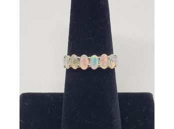 Stunning Ethiopian Opal Ring With 2 Diamond Accents, Rhodium Over Sterling