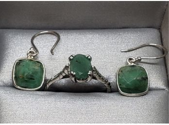 Stunning Emerald Ring & Matching Earrings In Sterling