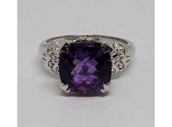 Amethyst, Rhodium Over Sterling Ring