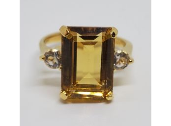 Emerald Cut Brazilian Citrine, White Topaz 18k Yellow Gold Over Sterling Ring