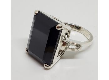 Huge Natural Black Spinel, White Topaz Ring In Platinum Over Sterling