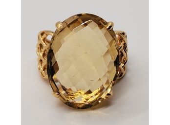 Beautiful Oval & Checkerboard Cut Citrine, 18k Yellow Gold Over Sterling Ring