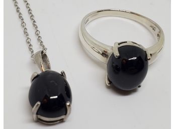 Indian Black Star Diopside Ring & Pendant Necklace In Platinum Over Sterling