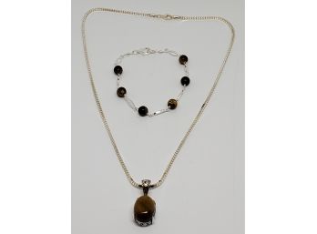 Bali South African Tigers Eye Pendant Necklace In Sterling With Station Bracelet