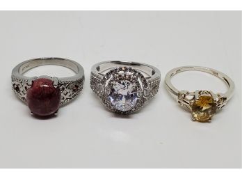 Lot Of 3 Sterling Rings - Thulite, Citrine & Premium Faux Diamond