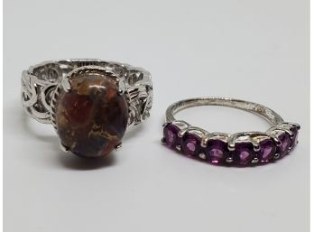 Matrix Fire Opal Ring & Rhodolite Garnet 7 Stone Ring - Both In Sterling